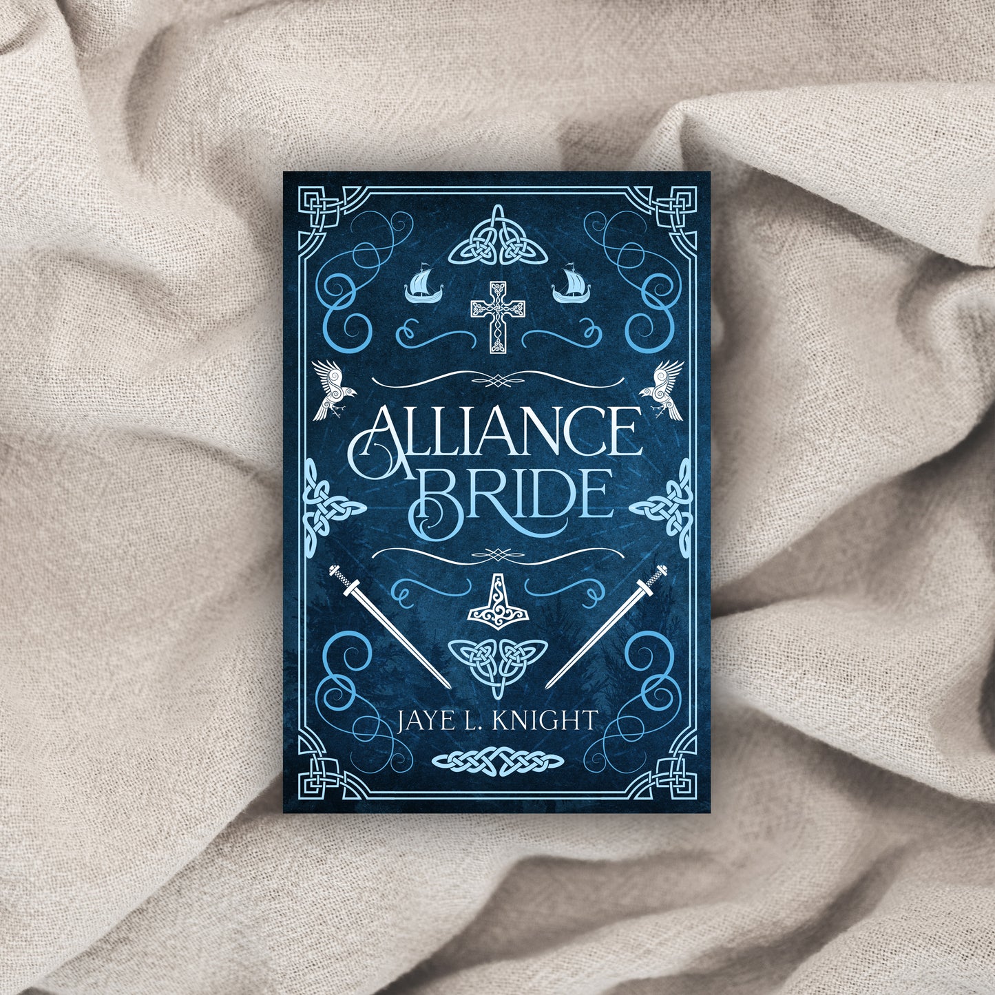 Book titled 'Alliance Bride' by Jaye L. Knight on a textured fabric background