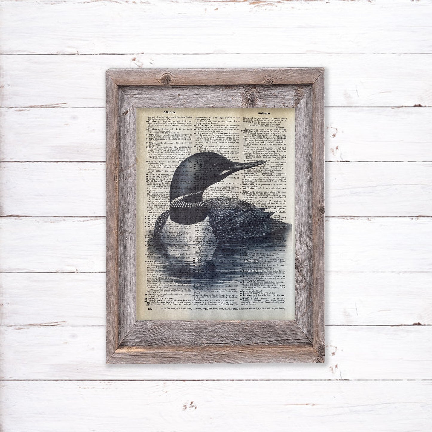Recycled Vintage Dictionary Art Print - Black and White Loon
