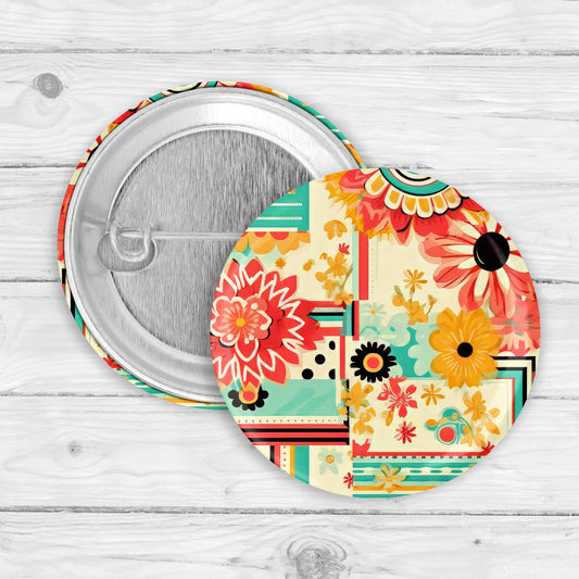 Boho Flower Pattern Button Pin or Magnet