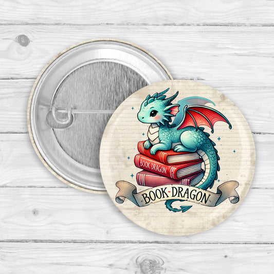 Book Dragon Button Pin or Magnet