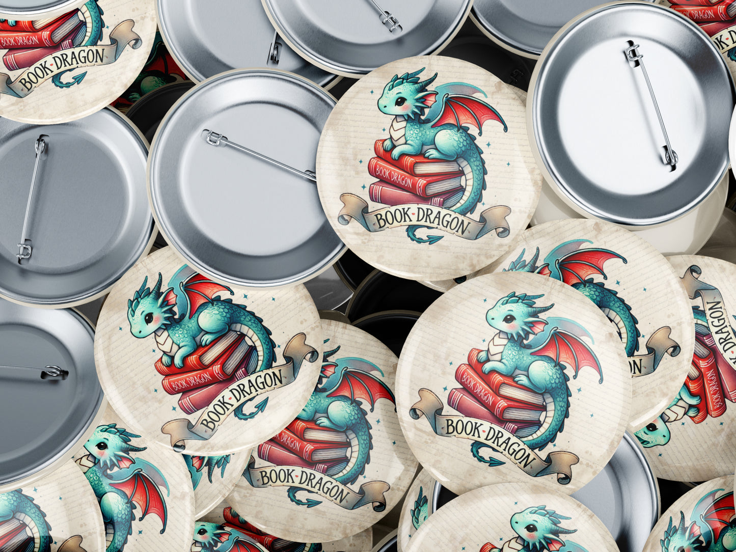 Book Dragon Button Pin or Magnet