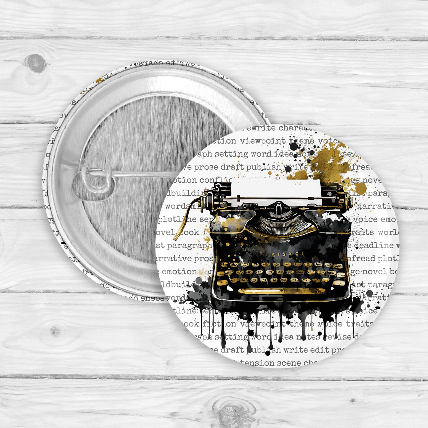 Grunge Black and Gold Typewriter Button Pin or Magnet