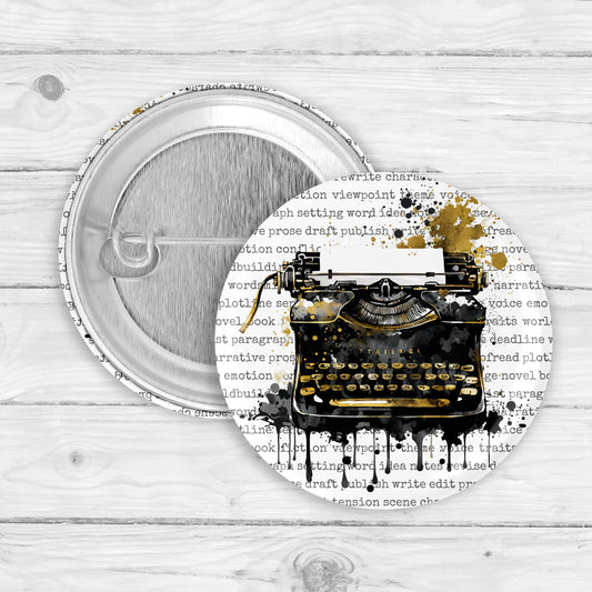 Grunge Black and Gold Typewriter Button Pin or Magnet
