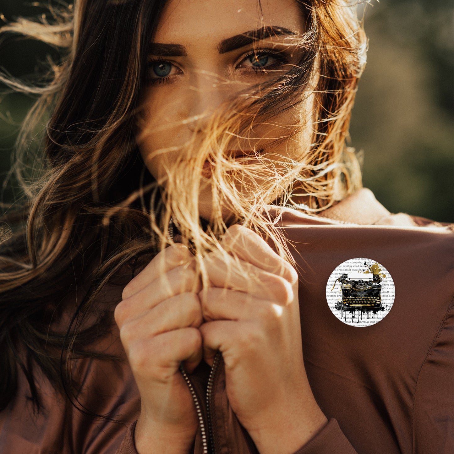 Grunge Black and Gold Typewriter Button Pin or Magnet