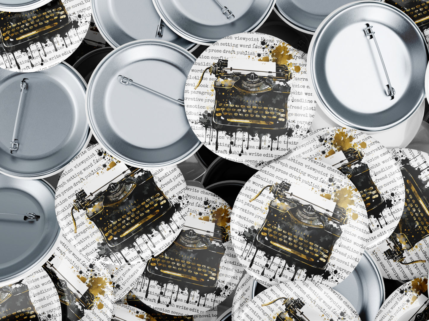 Grunge Black and Gold Typewriter Button Pin or Magnet