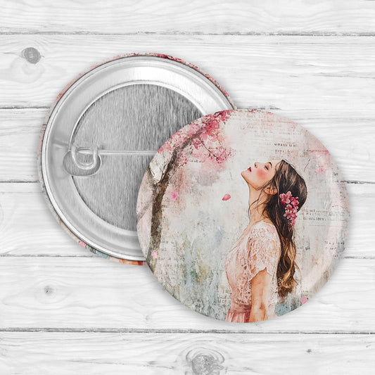 Cherry Blossom Girl Button Pin or Magnet