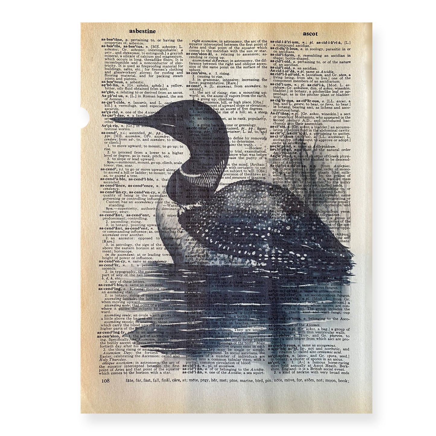 Recycled Vintage Dictionary Art Print - Black and White Loon