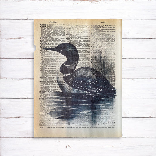 Recycled Vintage Dictionary Art Print - Black and White Loon