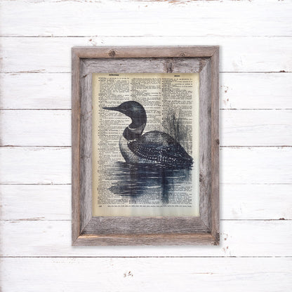 Recycled Vintage Dictionary Art Print - Black and White Loon