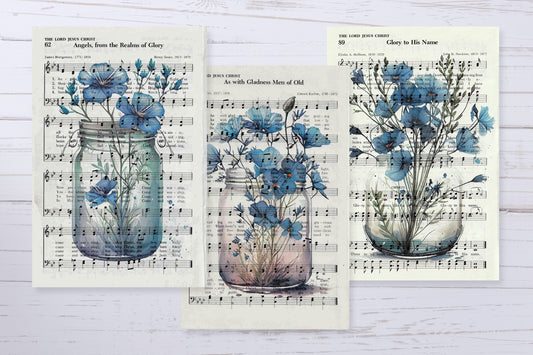 Recycled Vintage Hymnal Page Art Print - Blue Flowers