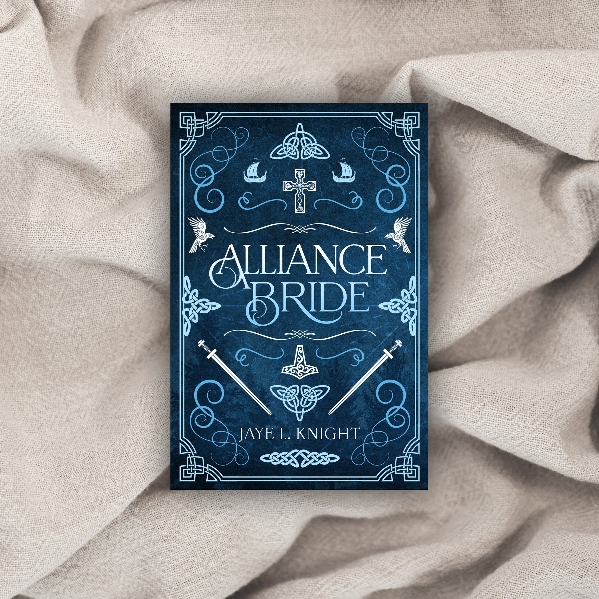 Book titled 'Alliance Bride' by Jaye L. Knight on a textured fabric background