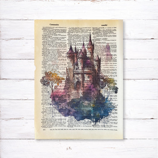 Recycled Vintage Dictionary Page Art Print - Fairy Tale Castle