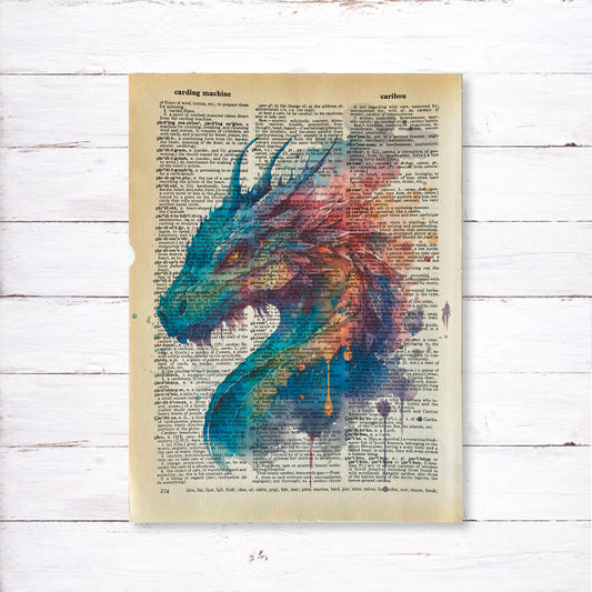 Recycled Vintage Dictionary Page Art Print - Colorful Dragon