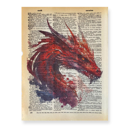 Recycled Vintage Dictionary Page Art Print - Red Dragon