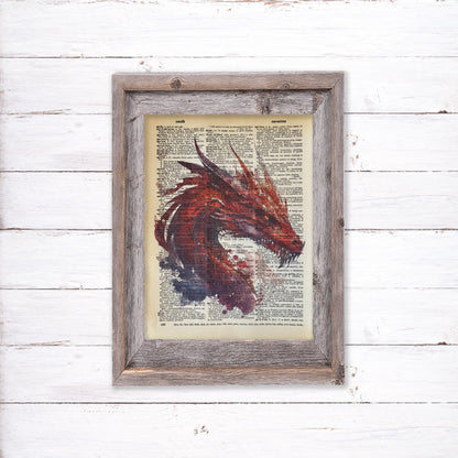 Recycled Vintage Dictionary Page Art Print - Red Dragon