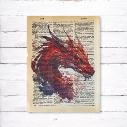 Recycled Vintage Dictionary Page Art Print - Red Dragon