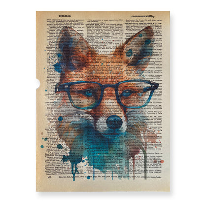 Recycled Vintage Dictionary Page Art Print - Fox With Glasses