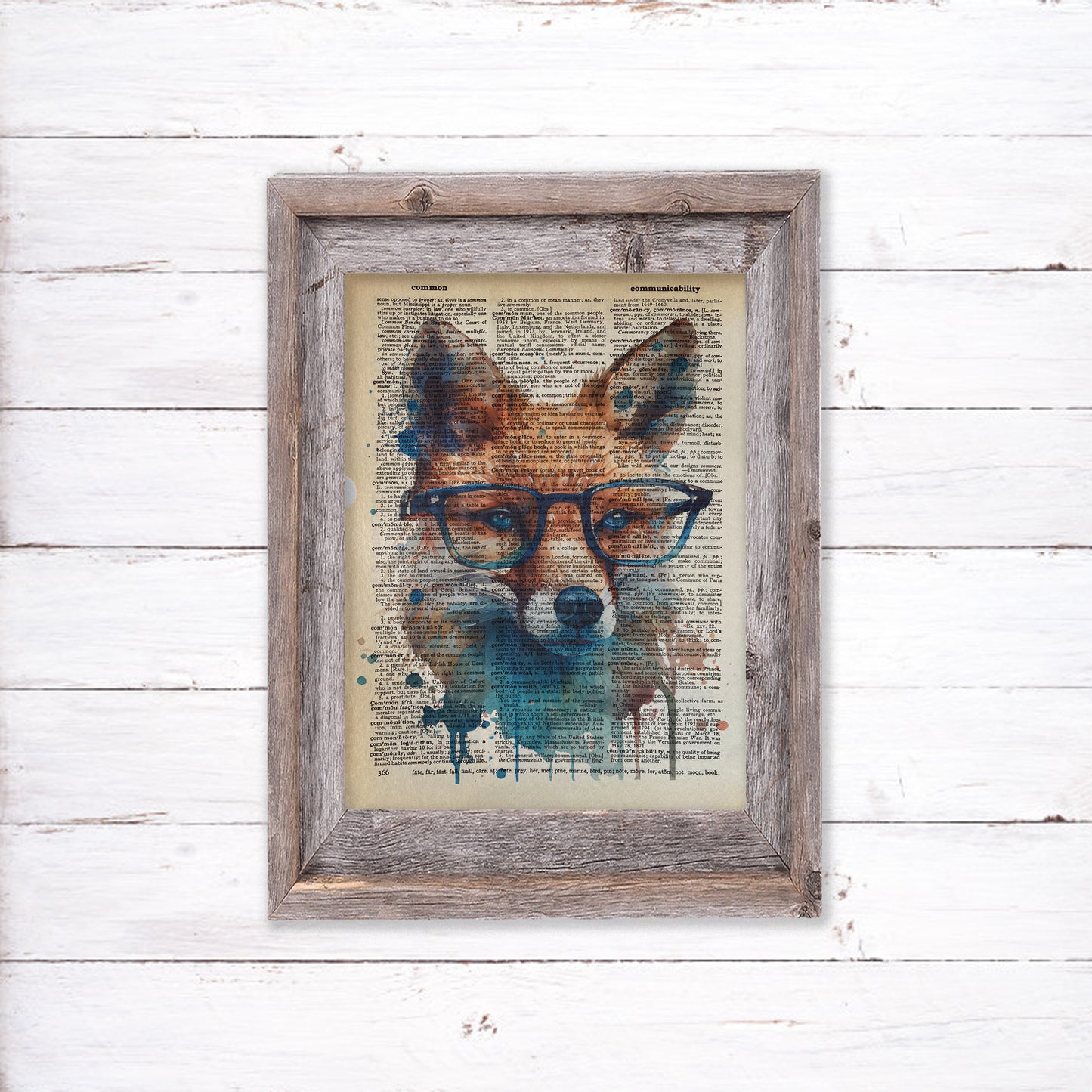 Recycled Vintage Dictionary Page Art Print - Fox With Glasses