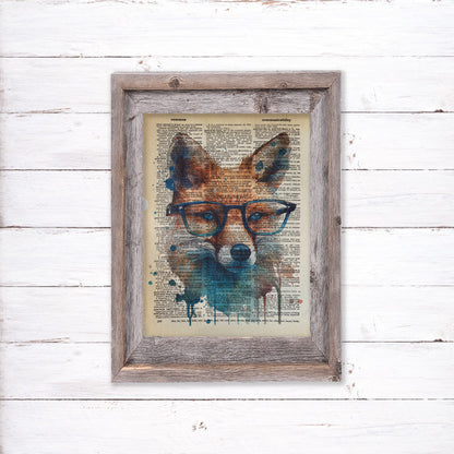 Recycled Vintage Dictionary Page Art Print - Fox With Glasses