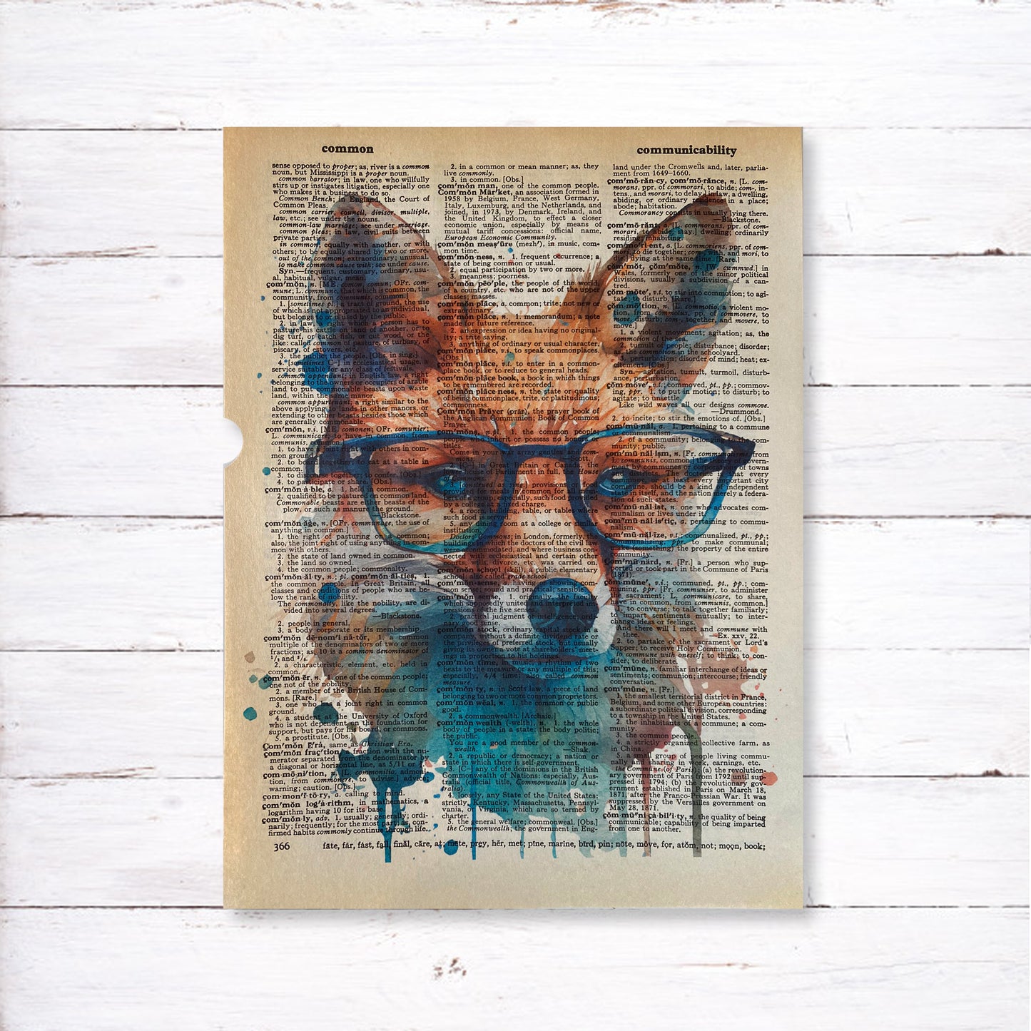 Recycled Vintage Dictionary Page Art Print - Fox With Glasses