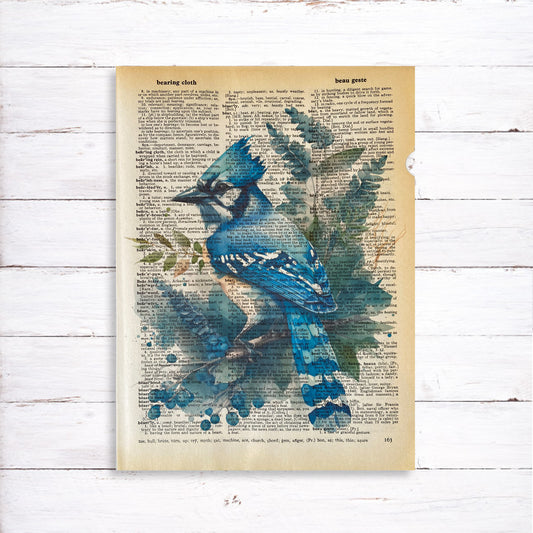 Recycled Vintage Dictionary Art Print - Blue Jay