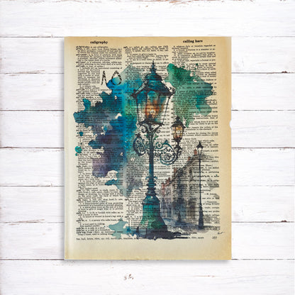 Recycled Vintage Dictionary Page Art Print - Victorian Lamppost