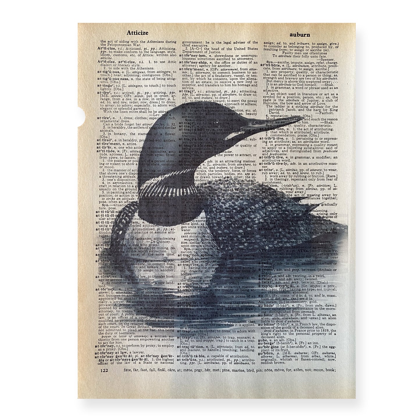 Recycled Vintage Dictionary Art Print - Black and White Loon