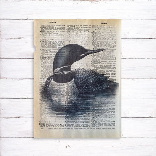 Recycled Vintage Dictionary Art Print - Black and White Loon