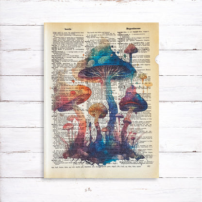 Recycled Vintage Dictionary Page Art Print - Fantasy Mushrooms