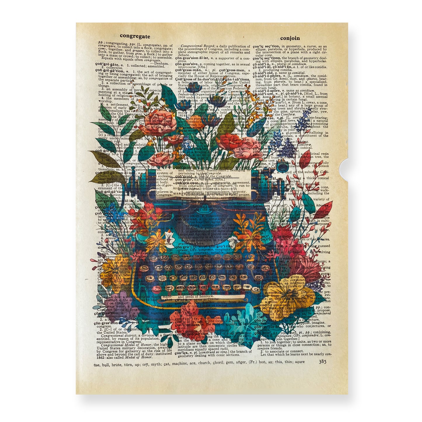 Recycled Vintage Dictionary Page Art Print - Floral Typewriter