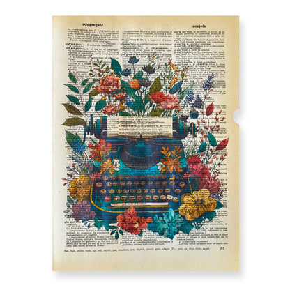 Recycled Vintage Dictionary Page Art Print - Floral Typewriter