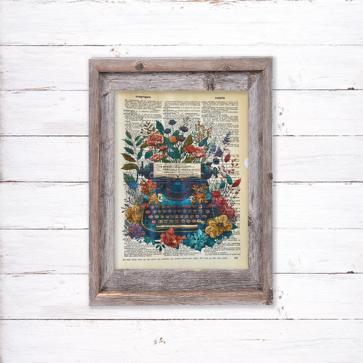 Recycled Vintage Dictionary Page Art Print - Floral Typewriter
