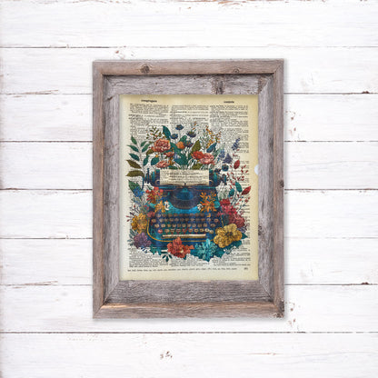Recycled Vintage Dictionary Page Art Print - Floral Typewriter