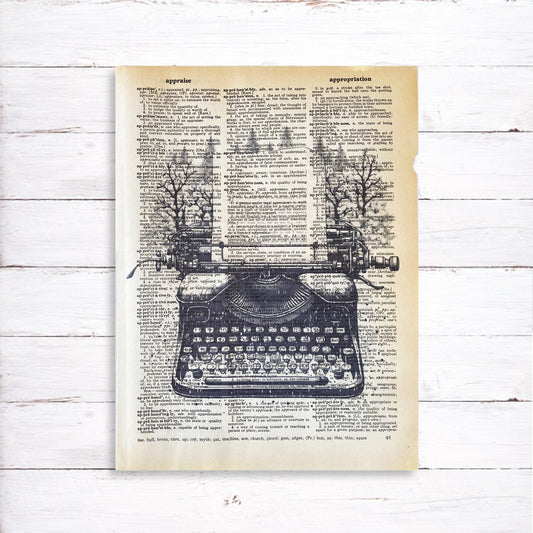 Recycled Vintage Dictionary Page Art Print - Forest Typewriter