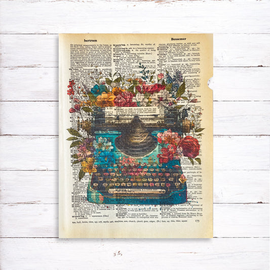 Recycled Vintage Dictionary Page Art Print - Floral Typewriter