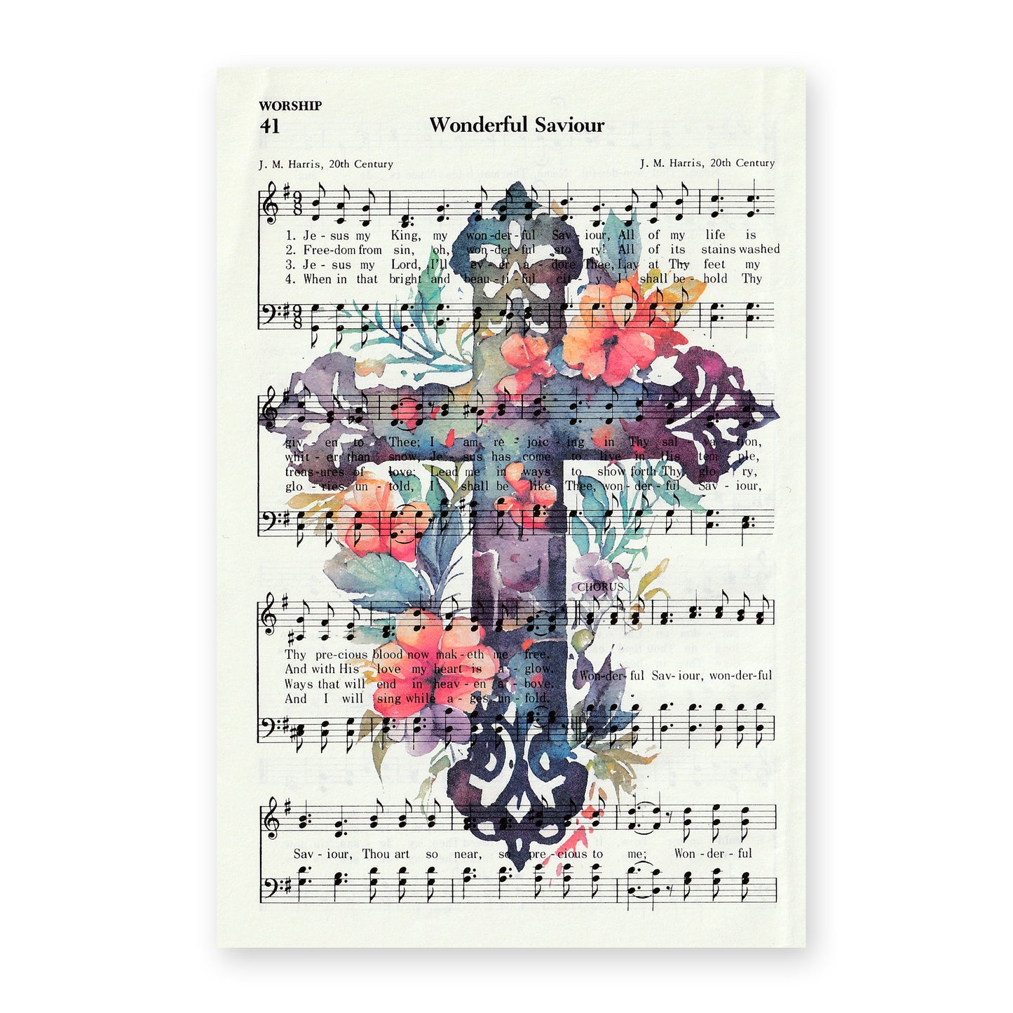 Recycled Vintage Hymnal Page Art Print - Floral Cross