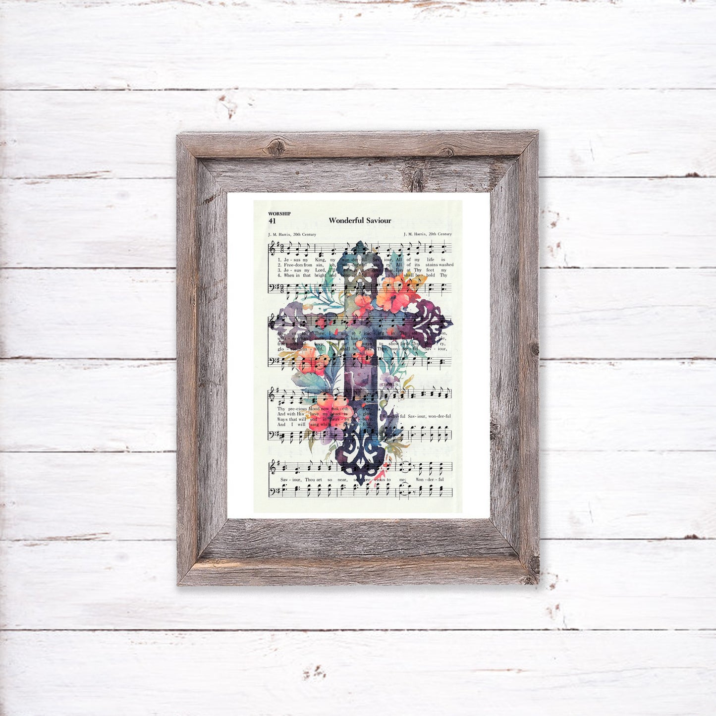 Recycled Vintage Hymnal Page Art Print - Floral Cross