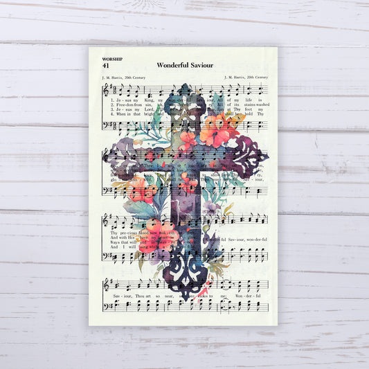 Recycled Vintage Hymnal Page Art Print - Floral Cross