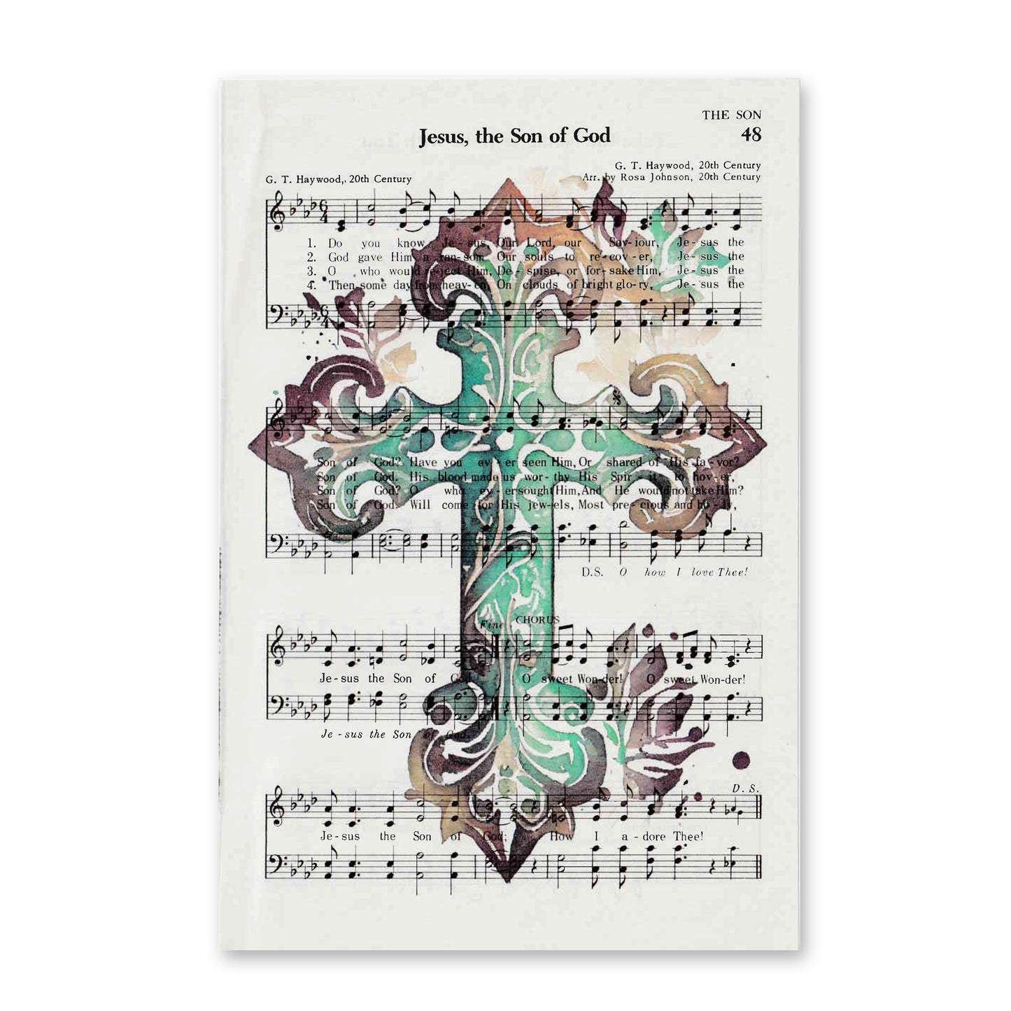 Recycled Vintage Hymnal Page Art Print - Turquoise Cross