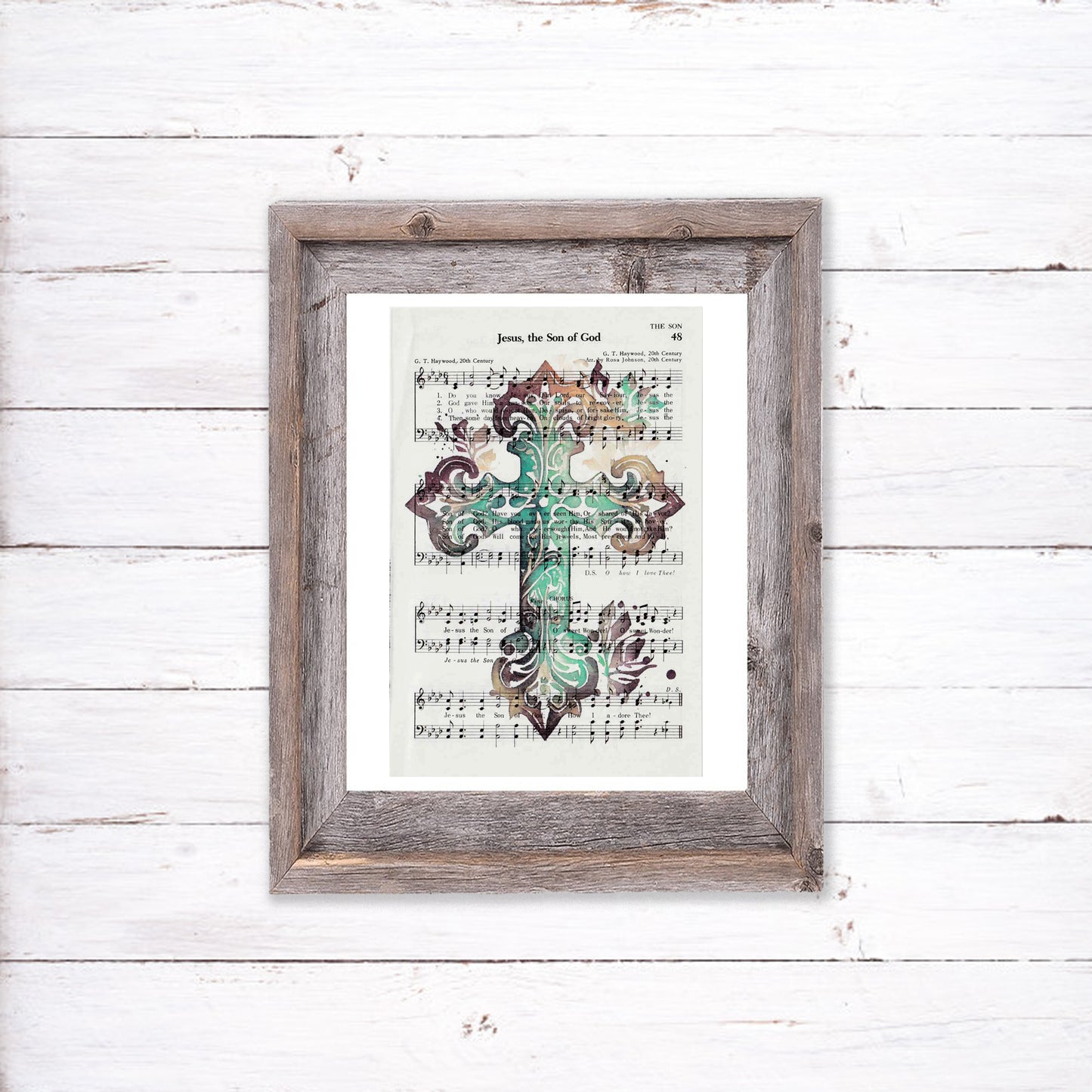 Recycled Vintage Hymnal Page Art Print - Turquoise Cross