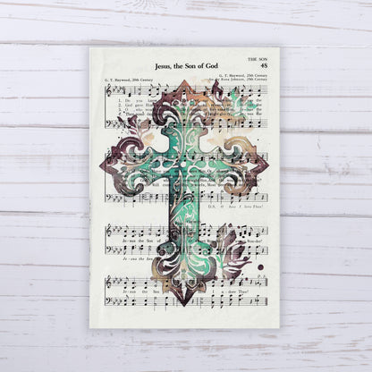 Recycled Vintage Hymnal Page Art Print - Turquoise Cross