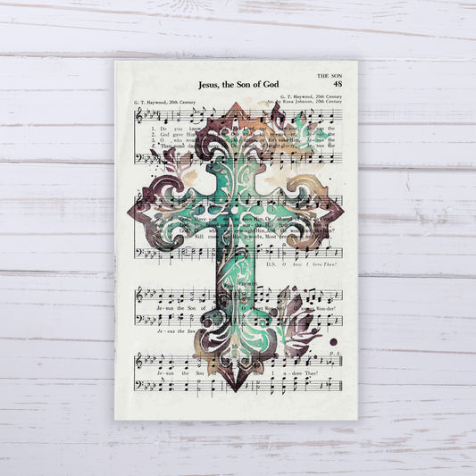 Recycled Vintage Hymnal Page Art Print - Turquoise Cross