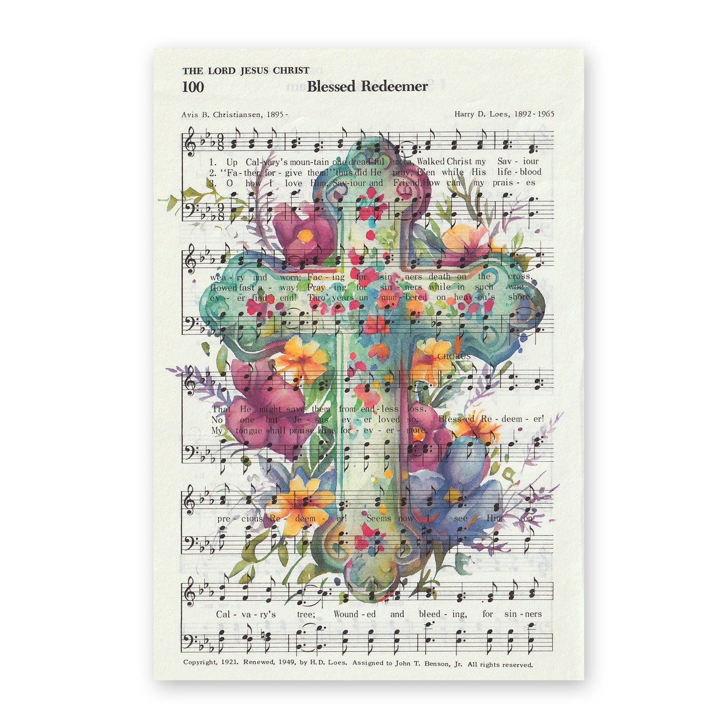 Recycled Vintage Hymnal Page Art Print - Floral Cross