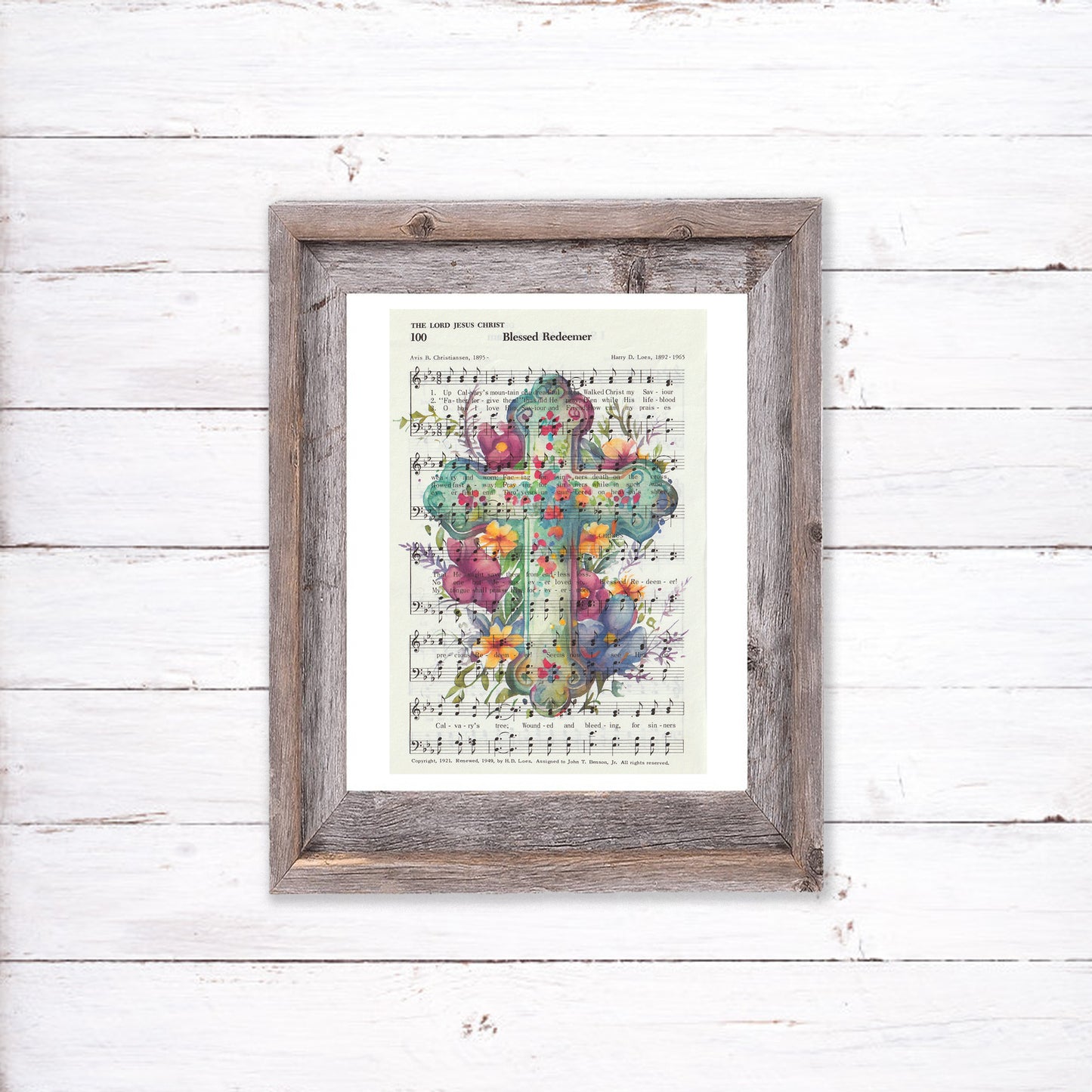 Recycled Vintage Hymnal Page Art Print - Floral Cross