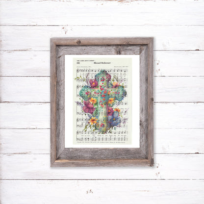 Recycled Vintage Hymnal Page Art Print - Floral Cross