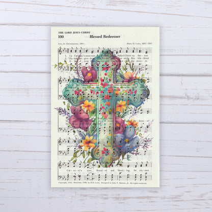 Recycled Vintage Hymnal Page Art Print - Floral Cross