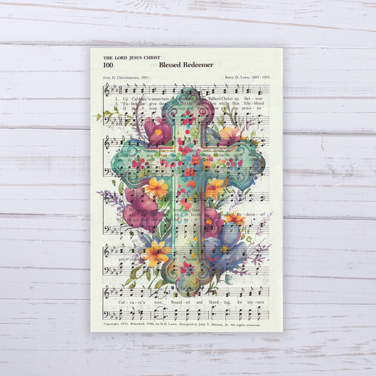 Recycled Vintage Hymnal Page Art Print - Floral Cross