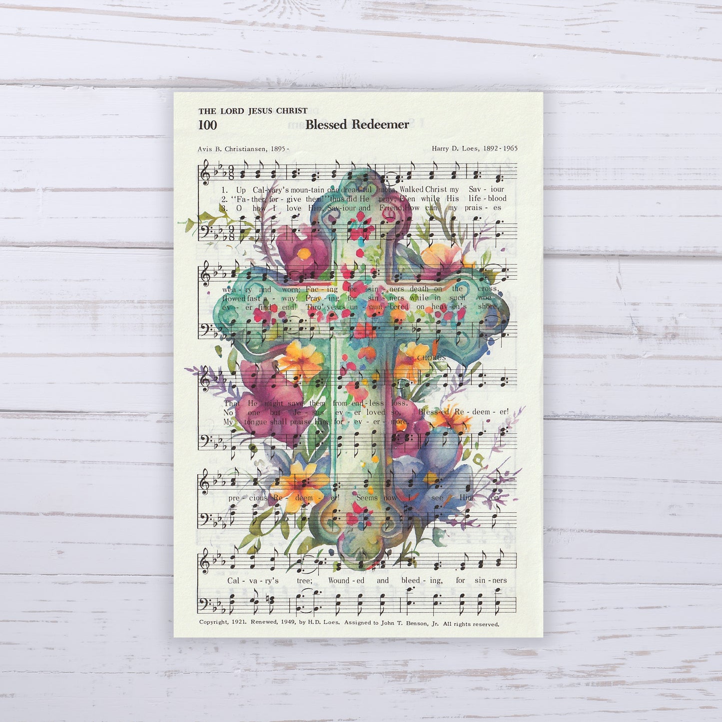 Recycled Vintage Hymnal Page Art Prints - Meadow and Cross