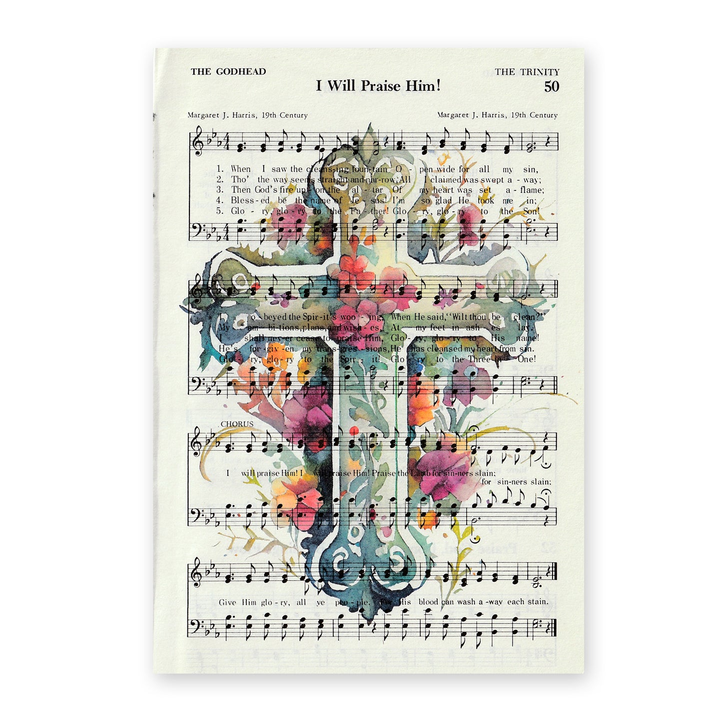 Recycled Vintage Hymnal Page Art Print - Floral Cross