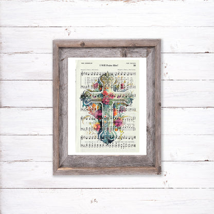 Recycled Vintage Hymnal Page Art Print - Floral Cross